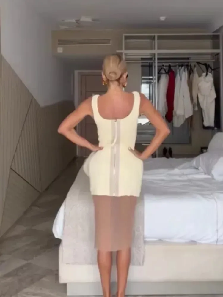Ribbed Kintted Mini Dress Paired With Mesh Inner Layer Square Neck Sleeveless Slim Fit Dresses 2026 Lady Sexy Party Club Robes — image 6