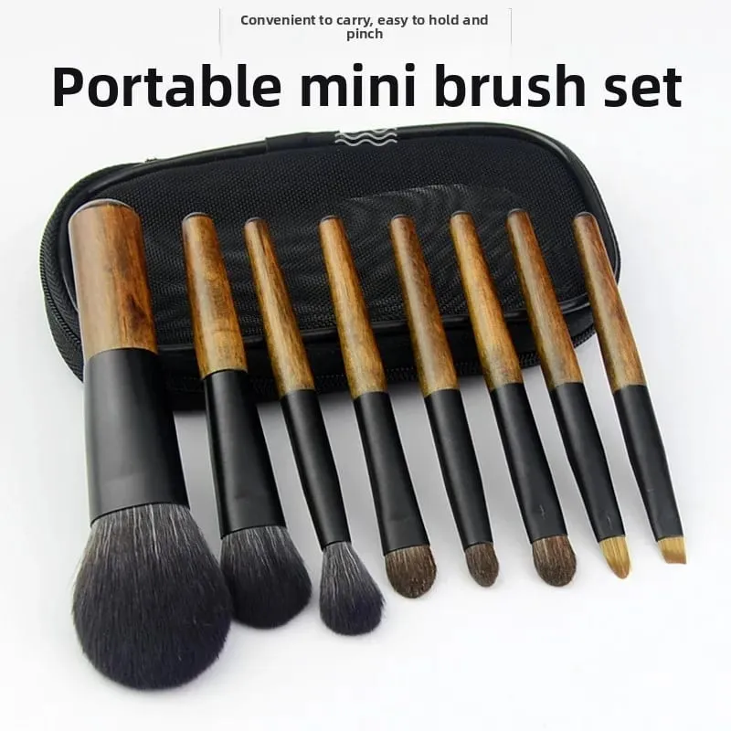 8Pcs 미니 여행 메이크업 브러쉬 세트 파우치 나무 손잡이 화장품 브러쉬 페이스 파우더 블러쉬 형광펜 컨실러 아이 섀도우 — image 1