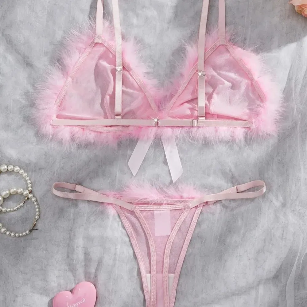 Furry Women's Underwear Wireless Mesh Transparent Lingerie Set Romantic Intimate Bow Decor Bra Panties Suit Anniversary — image 4