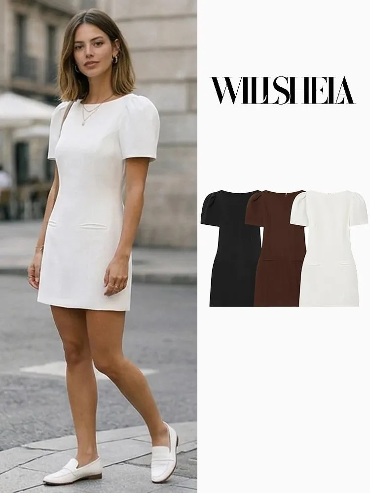 Willshela Women Fashion With Pockets Solid Pleated Back Zipper Mini Dress Vintage O-Neck Short Sleeves Female Chic Lady Dresses — image 1