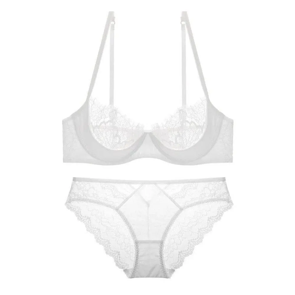 French Sheer Lace Lingerie Set Half Cup Thin Unlined Minimizer Bra Underwire Lift Support Large Bust Ladies Matching Briefs S-XL — image 6