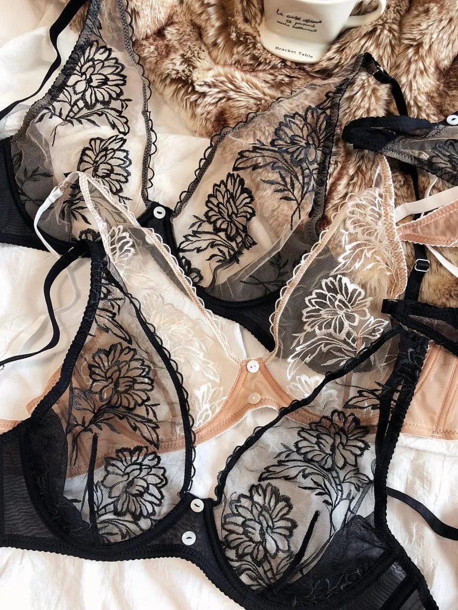 French Sexy Ultra Thin Women Underwear Deep V Push Up Bra Romantic Lace Flowers Embroidery Lingerie Wire Free Bra and Thong Sets — image 5
