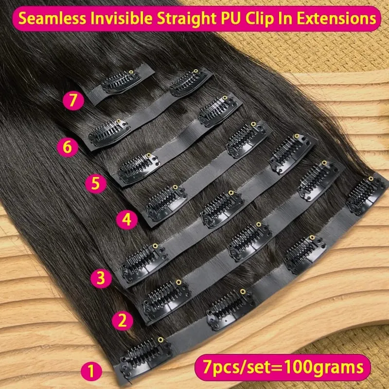 Bone Straight Clip In Human Hair Extensions Unprocessed Raw Hair Extensions Full Head Seamless Clip Ins Extension 100g/7pcs — image 4