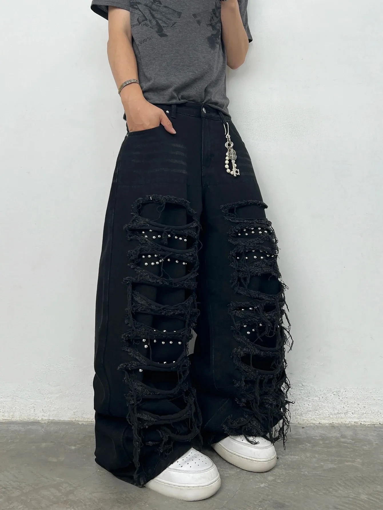 American High Street Double-Layer Patch Ripped Studded Design Black Men's Loose Jeans Y2K Street Hip-Hop Fashion Wide-Leg Pants — image 6