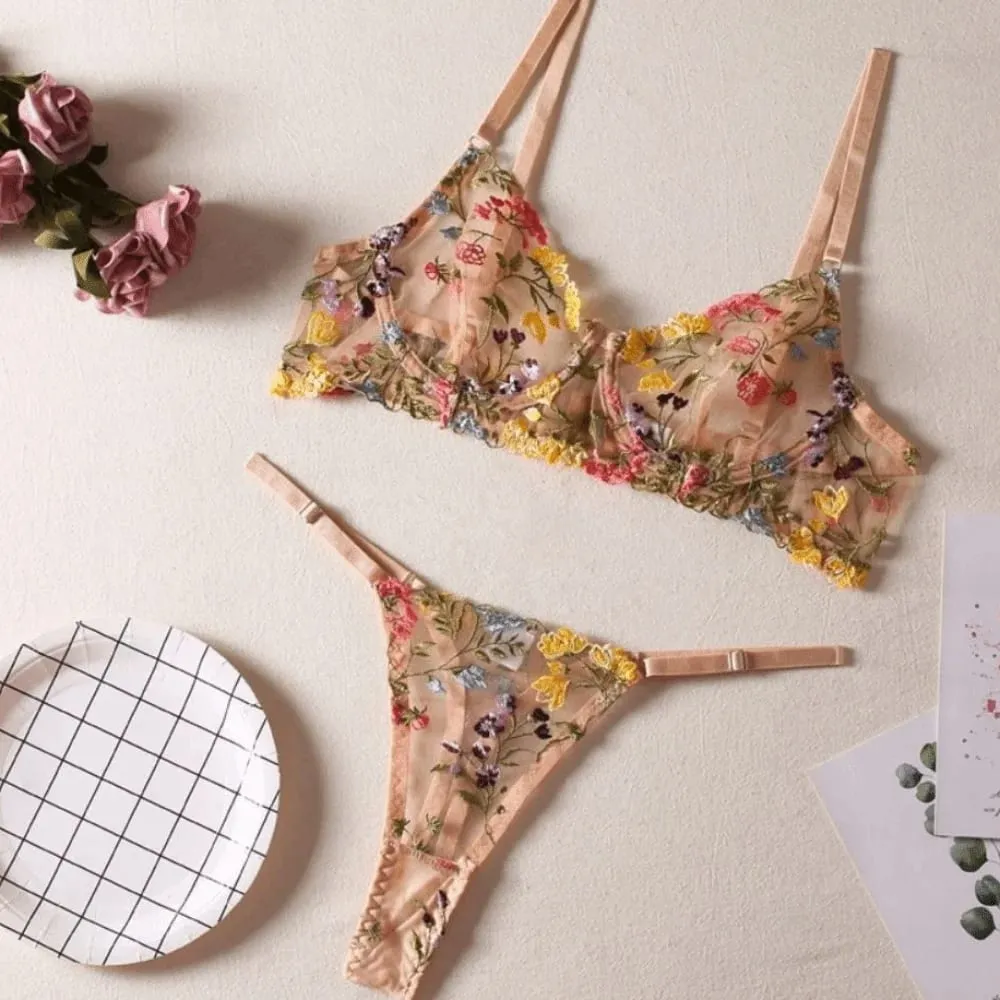 2-Piece Versatile Floral Lingerie Set Embroidery Sheer Boho Bra Panty Set Wireless Bra — image 6