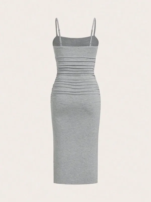 Women Spaghetti Strap Midi Dress Ruched Side Bodycon Slit Cami Pencil Midi Dress — image 4