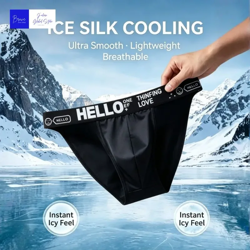 Men Trendy Ice Silk Bikini Briefs Hello Letter Print Moisture Wicking Breathable Athletic Underwear Stylish Cooling Underpants — image 3