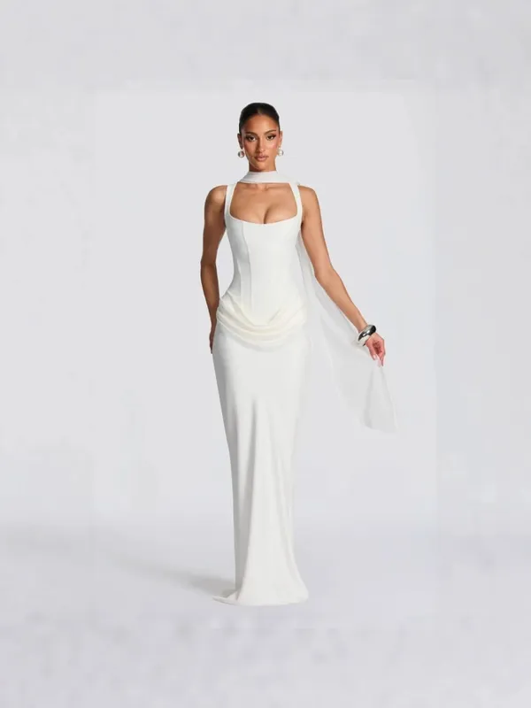 Cross-Border Spring 2026 Women's Slim Fit Fishbone Strap Long Dress Pure Color Bodycon Dress Sexy Style Shoulderless Gown — image 8