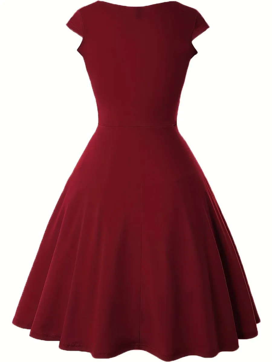 Women's Elegant Round Neck Summer Short Sleeve Solid A-Line Knee-length Dress High Waist Swagger Party Wedding Casual Departure — image 5