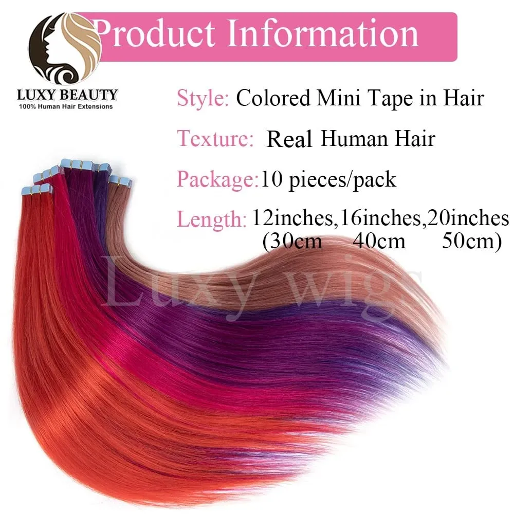 Colored Purple Mini Tape in Human Hair Extensions Invisible Seamless Tape in Hair 10pcs Pink Red Green Blue Mini Tape In Hair — image 6
