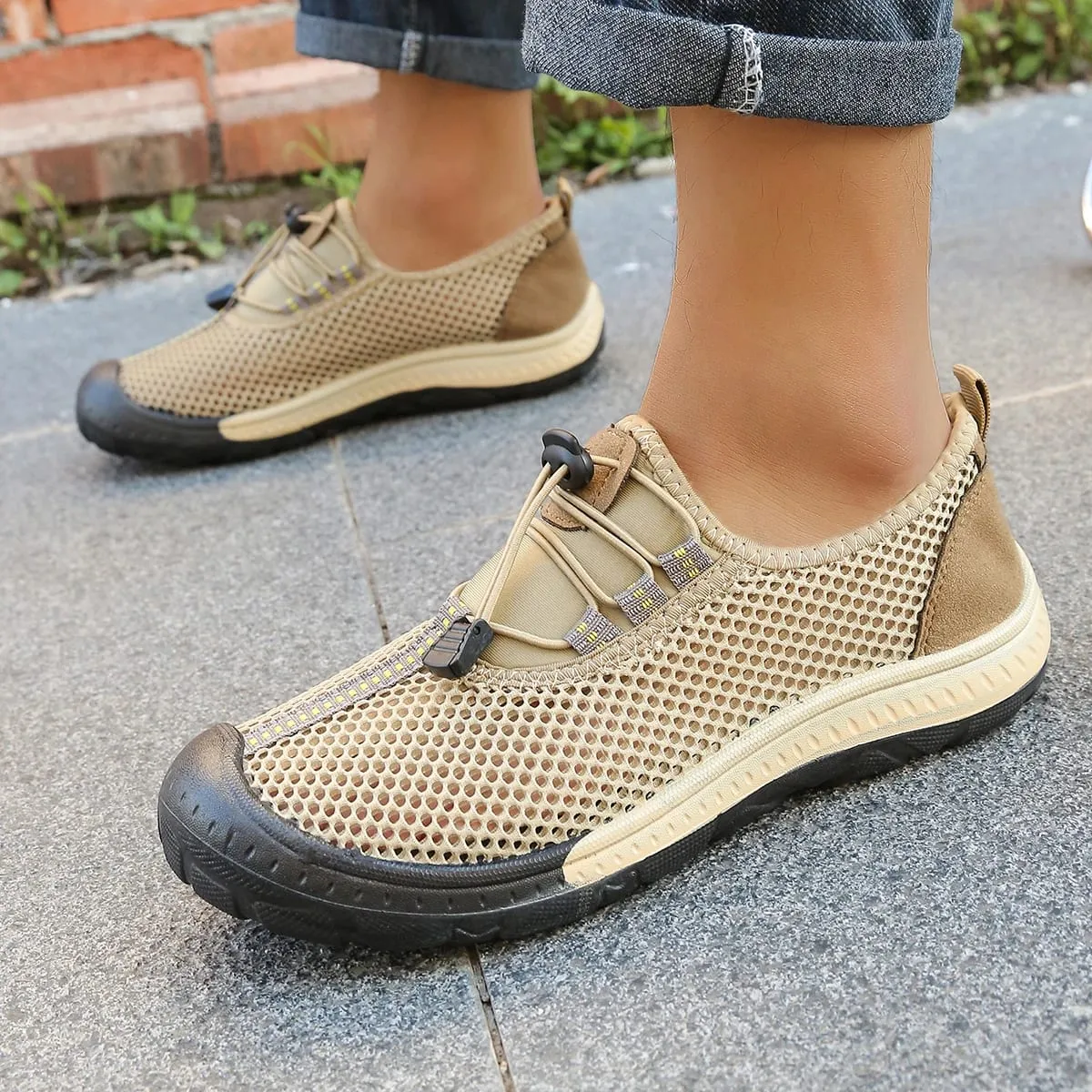 Men's Hollow Mesh Quick Toggle Lace Walking Trainers Striped Stitching Trim Wrapped Thick Rubber Toe Cap Outdoor Casual Shoes — image 4