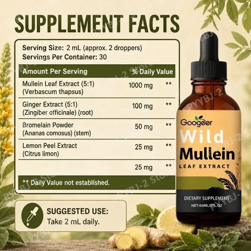 Mullein Liquid Drops 60ml with Wild Mullein Leaf Extract and Ginger Support Lung Health & Clean Impurities Plant Supplement — image 4