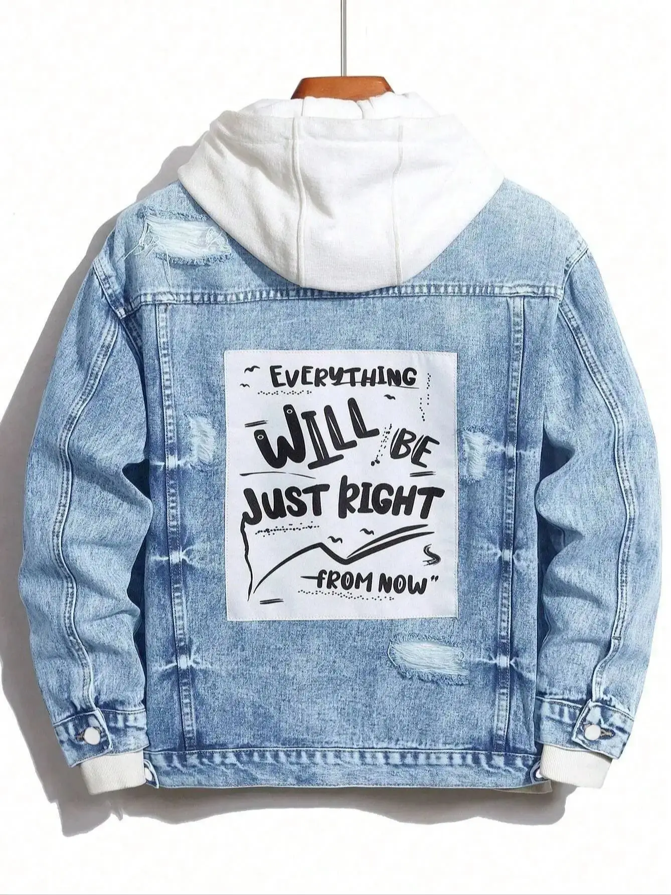 1PC Men's Four Seasons Hot Style Letter Stone Washed Light Blue Flight Jacket Daily American Street Casual Denim Jacket