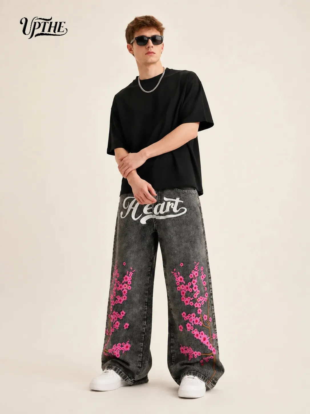 UP.THE Men Baggy Wide Leg Jeans Vintage Washed Black Gray Denim Pants Y2K Loose Cherry Blossom Embroidery Heart Letter Print Streetwear Jeans for Daily Hip Hop Casual Outfits — image 8