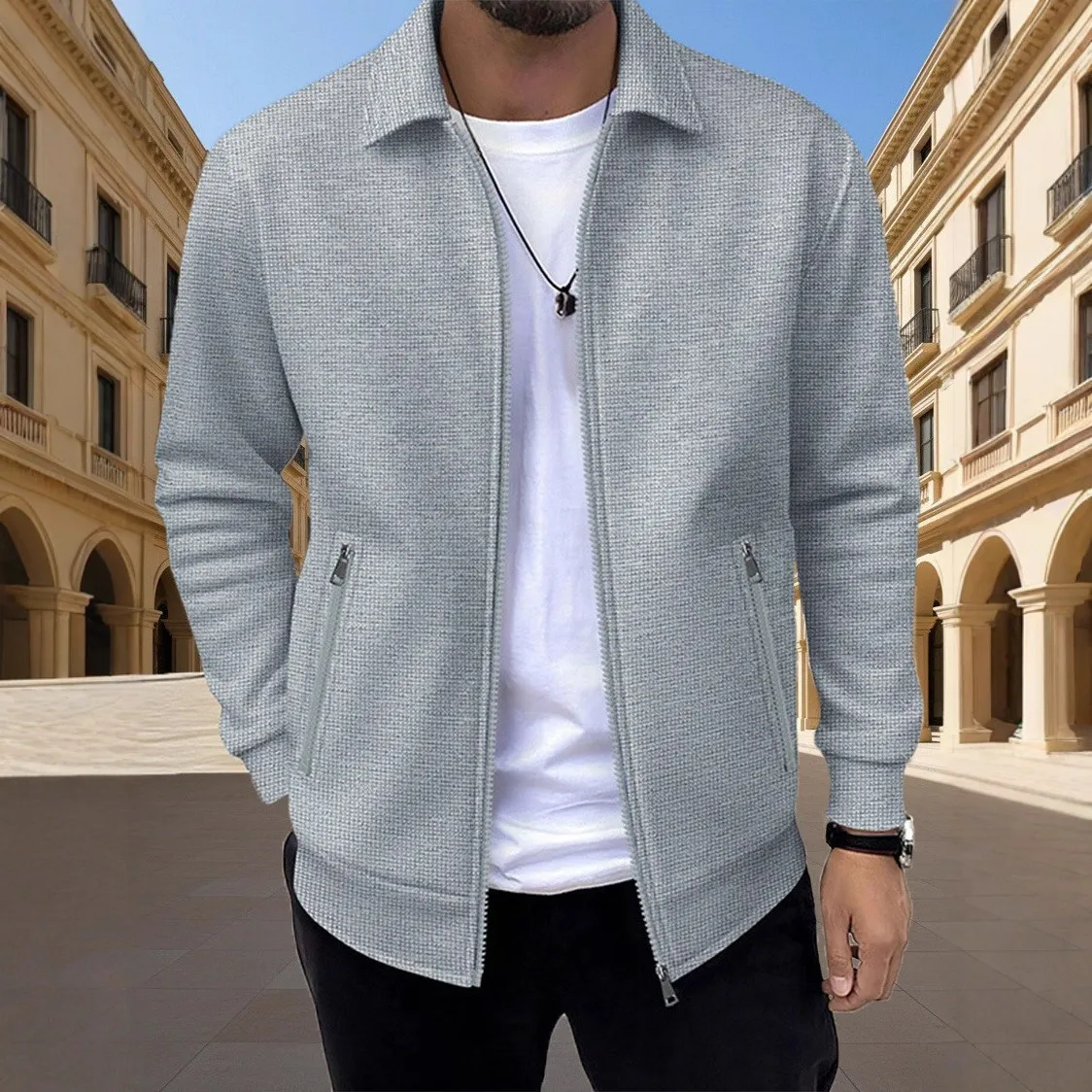 Men's 2026 Fall Long-Sleeve Waffle Knit Turned-Down Collar Jacket, Klein Blue Zipper Cardigan for a Casual Fashion Look — image 3
