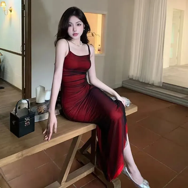 Abito lungo con corsetto aderente senza maniche da donna francese, cinturino per spaghetti rosso vino, elegante abito da sera lungo vintage — image 2