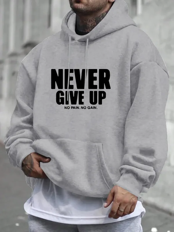 Men'S Hoodie Never Give Up Print Casual Fleece-Lined Pullover Kangaroo Pocket Stylish Streetwear Fall Casual Wear Hoodie — image 2