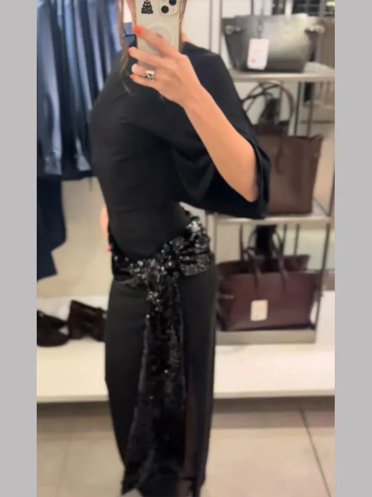 Sequin Patchwork Backless Dress Women Elegant Solid Middle Sleeve Cinched-waist Slim Long Dresses Fashion Evening Party Vestidos — image 6