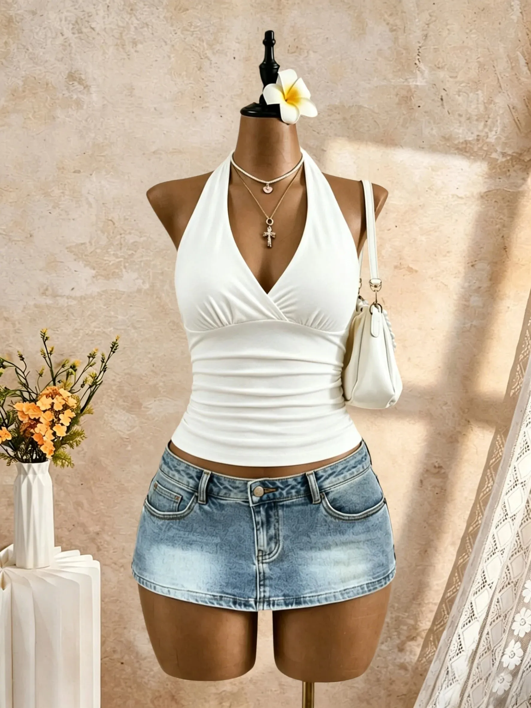 Women Halter Deep V Cross Wrap Side Ruched Slim Crop Camisole 2026 Summer Y2K Solid White Sleeveless Casual Daily Tank Top — image 2