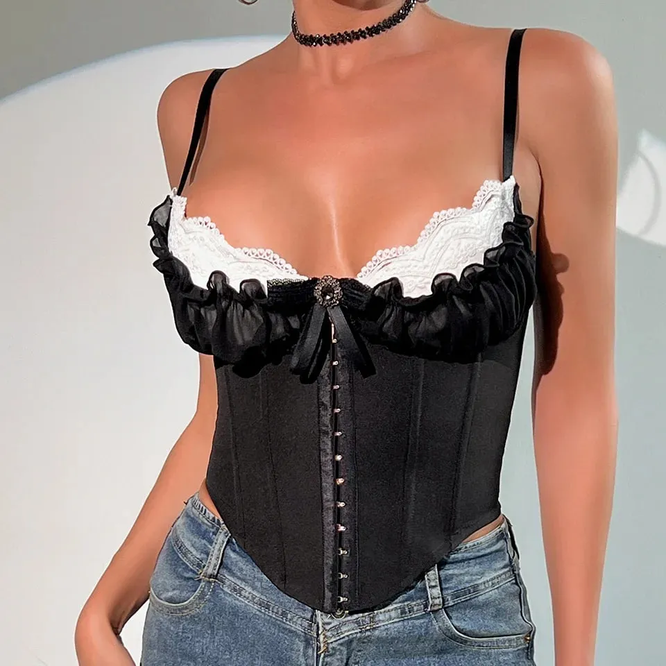 Sexy topy s výstřihem do V Y2K Crop Tops Krajka Patchwork Skládaný korzet s mašlí Sexy štíhlá košilka bez zad Tvar těla Rybí kost Prsatější — image 5