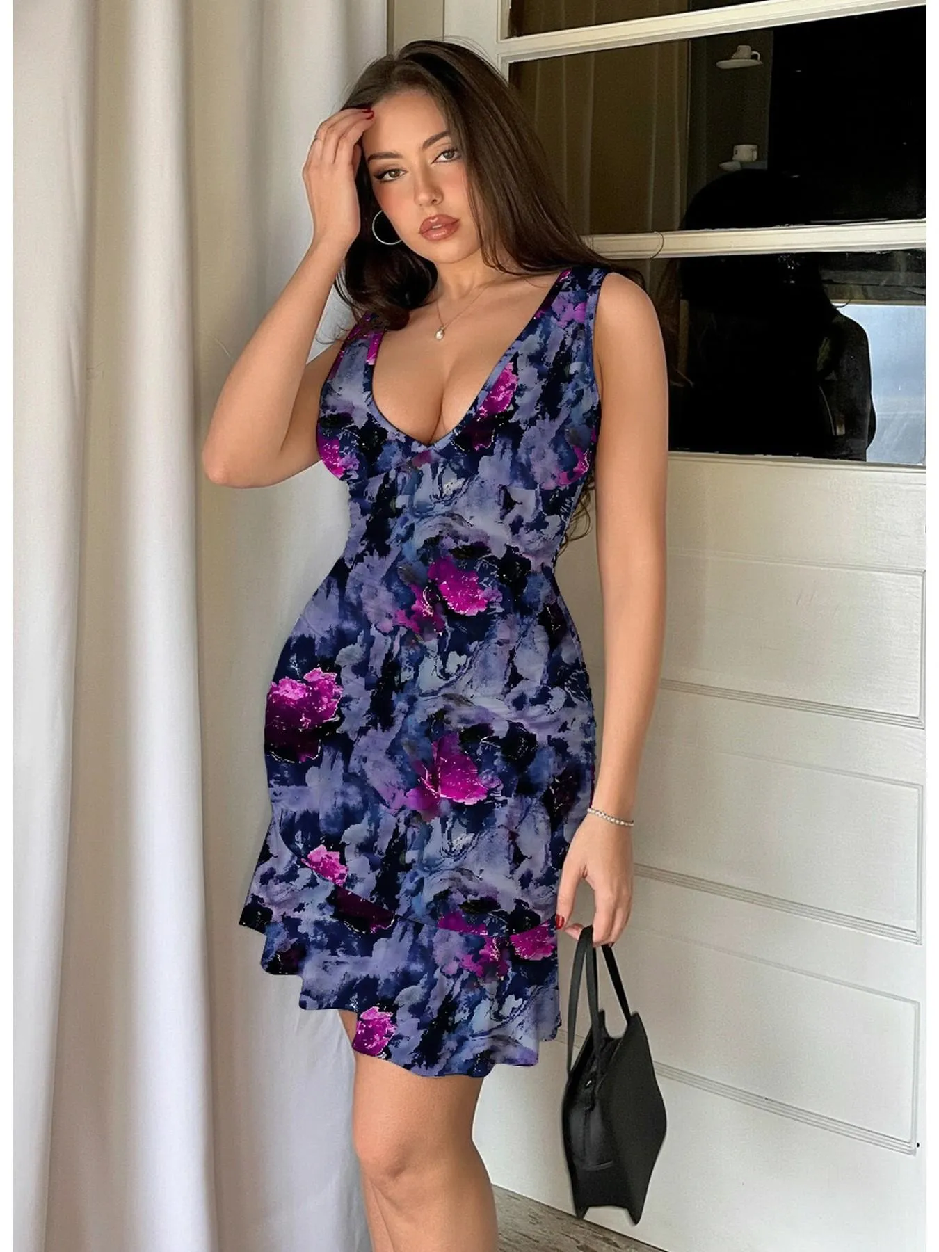 Gradient Floral Sleeveless Deep V Bodycon Dress Sexy Fitted Waist Ruffle Hem Evening Wear Wrinkle-Resistant Polyester — image 4