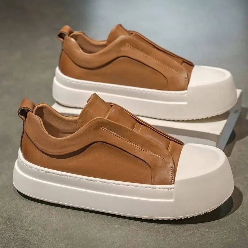 Retro Brown PU Leather Men's Shoes Lightweight Platform Elastic Band Casual Sneakers Fashion Street Walking Shoes High Quality — image 5
