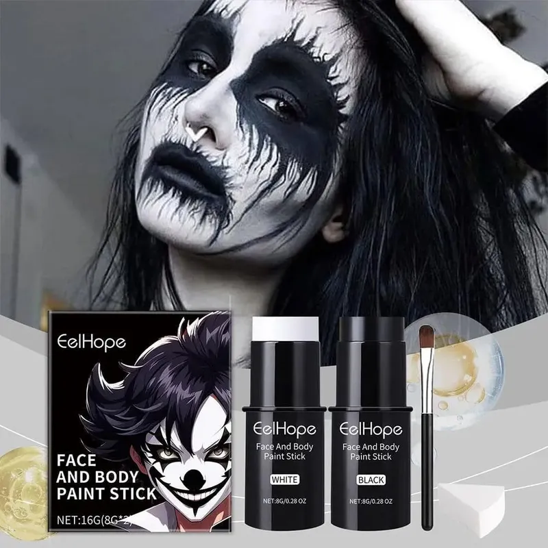 Fond de teint Clown coloré, imperméable, longue durée, accessoires de maquillage festifs d'halloween, Kit de peinture pour le visage et le corps, noir et blanc — image 6