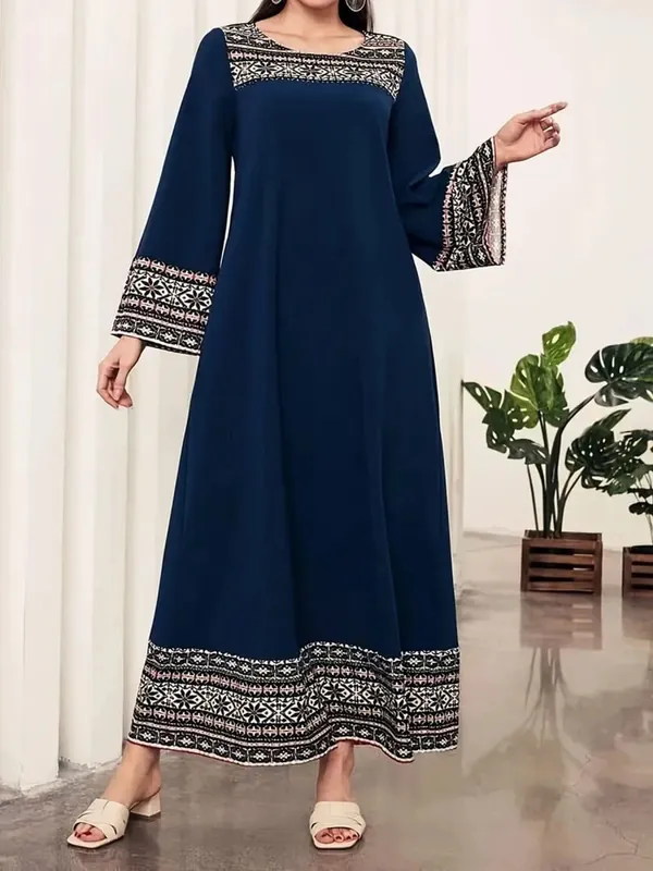 Spring and summer elegant casual retro style geometric print round neck long sleeved loose dress long skirt