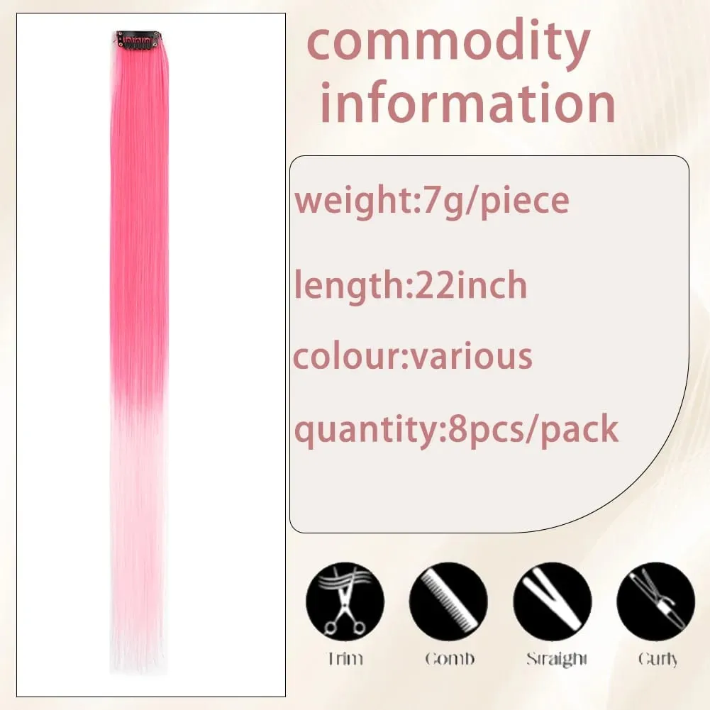 8pcs/pack Colored Party Highlights Clip in Hair Extensions for Girls 22 inches Multi-colors Straight Hair Synthetic Hairpieces — image 5