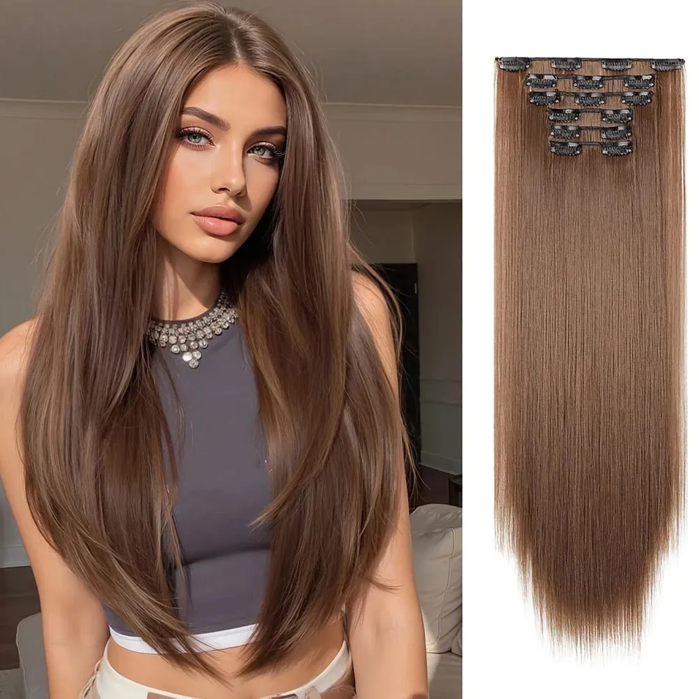 26-inch Light Brown Straight Synthetic Fiber Hair Extensions Multi-Clip Long Hair Extensions (6pcs) for Women — image 2