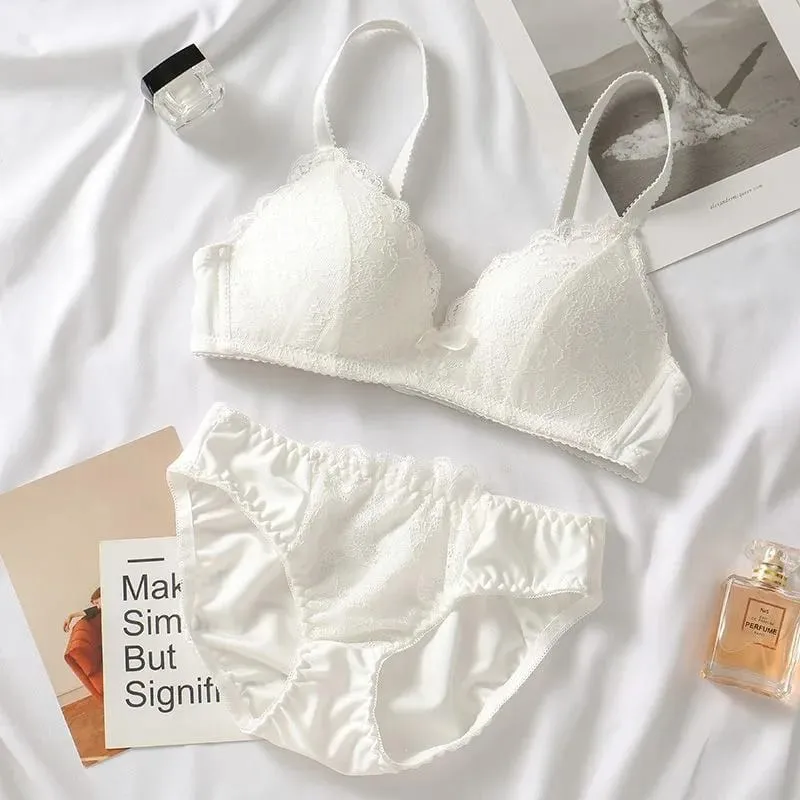 Women Lace Lingerie Set 32‑40ABC Cup Bow Decor Soft Comfort No‑Wire Bra And Briefs Breathable Intimate Underwear Suit — image 3
