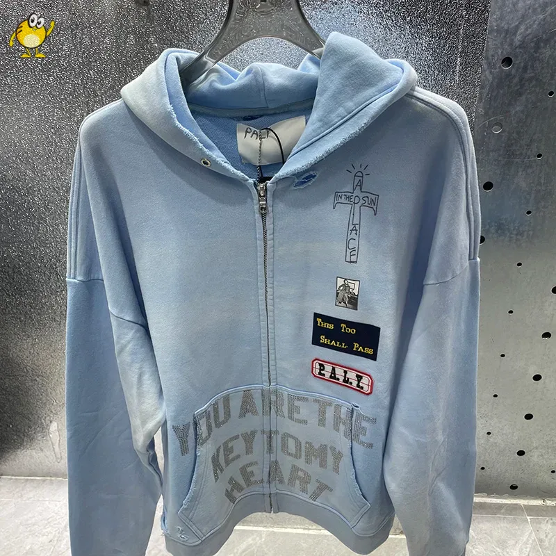 Washed Blue PALY Hoodies Men Woman Vintage Damaged Hole Old Casual High Quality Hip Hop Fashion Zipper Sweatshirts — image 2