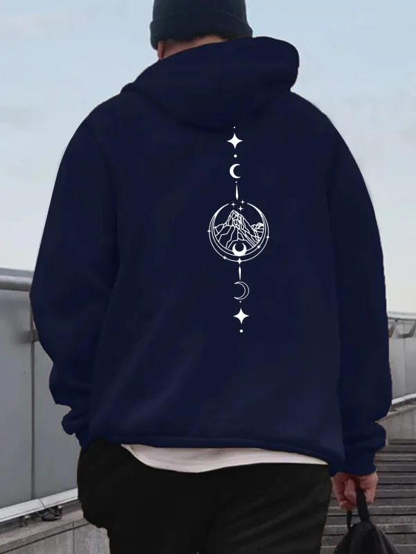 Men Celestial Mountain Back Print Hoodie Moon Star Vertical Line Art Graphic Hooded Sweatshirt Casual Outdoor Streetwear Kangaro — image 6