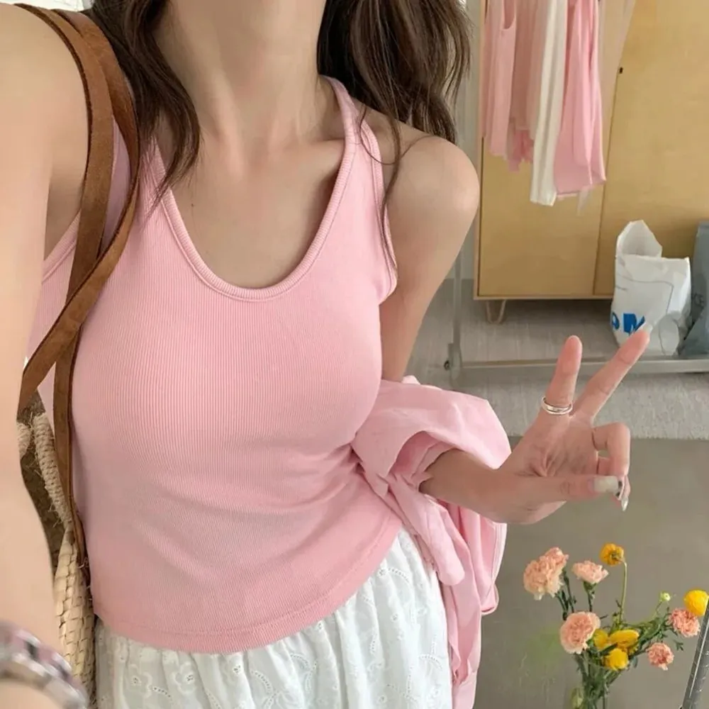 Korean Style with Chest Pad Strap Vest U-Neck Solid Color Backless Sleeveless Top Slimming Women Camis Summer — image 11