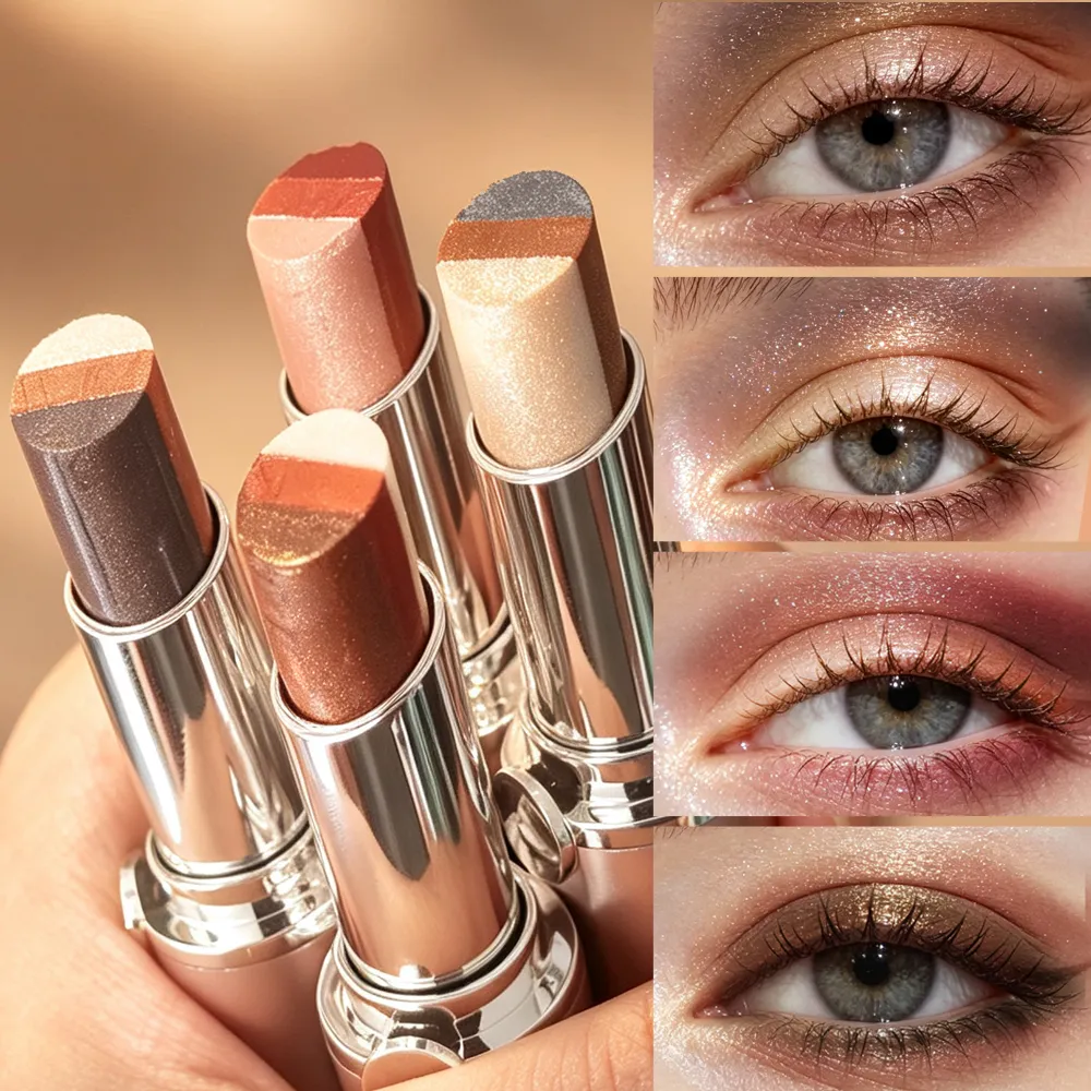 3-Color Gradient Eyeshadow Stick Shimmer Highlight Contour Cream Eyeshadow Waterproof Smudge Resistant Quick Eye Makeup Stick