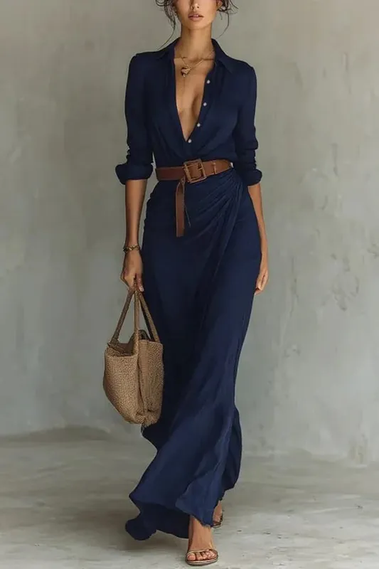 Pakaian Pesta Percutian Pepejal Fesyen Wanita Butang Lapel Elegan Berbalut Pakaian Panjang Kasual Padanan Lengan Panjang Dengan Pakaian Baju Tali Pinggang — image 7