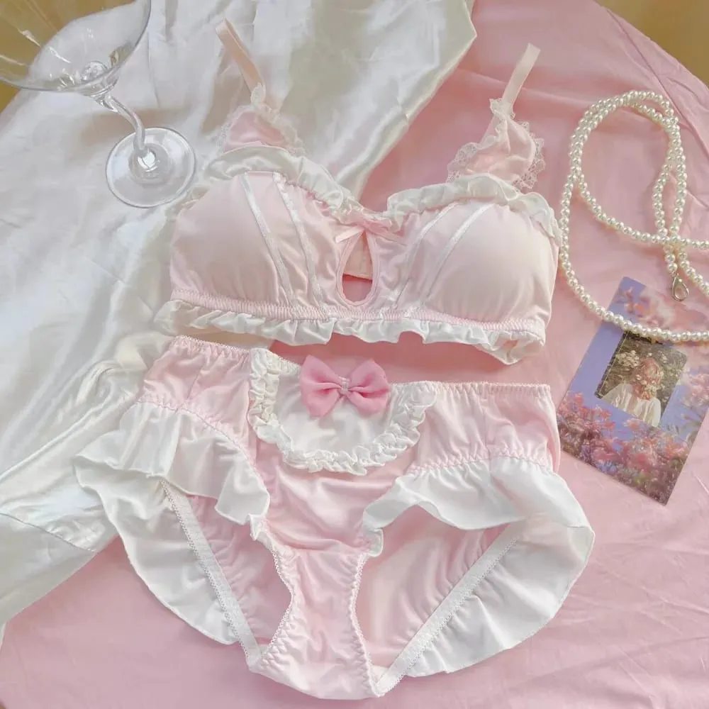 Cute Japanese Rabbit Ear Bra Panties Set Wireless Thin Triangle Brassiere For Small Flat Breast Breathable Daily Underwear S-XL — image 1