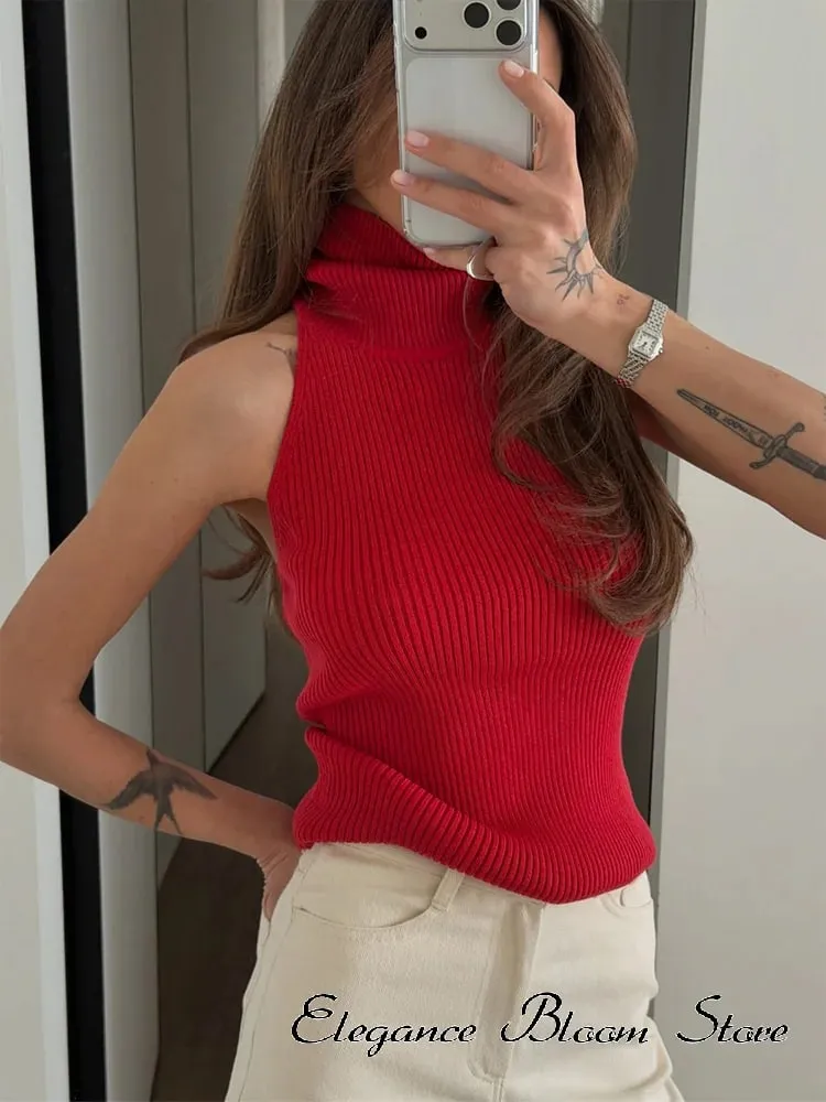 Solid Color Knit Sleeveless Tank Top Women High Neck Backless Slightly Fitted Cropped Vest Minimal Daily Fashion Casual Outfit — image 1