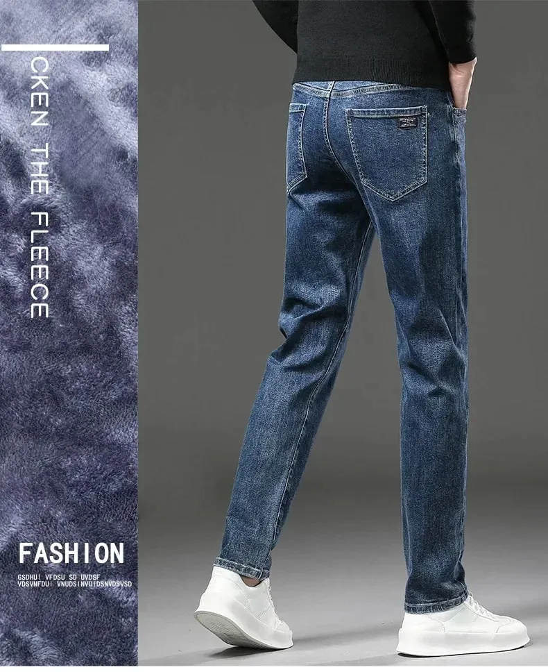 2027 New In Slim Straight Elastic Denim Winter Fleece Thick Warm Jeans Men's Pants Casual Male Clothing Fashion Plush Trousers — image 9