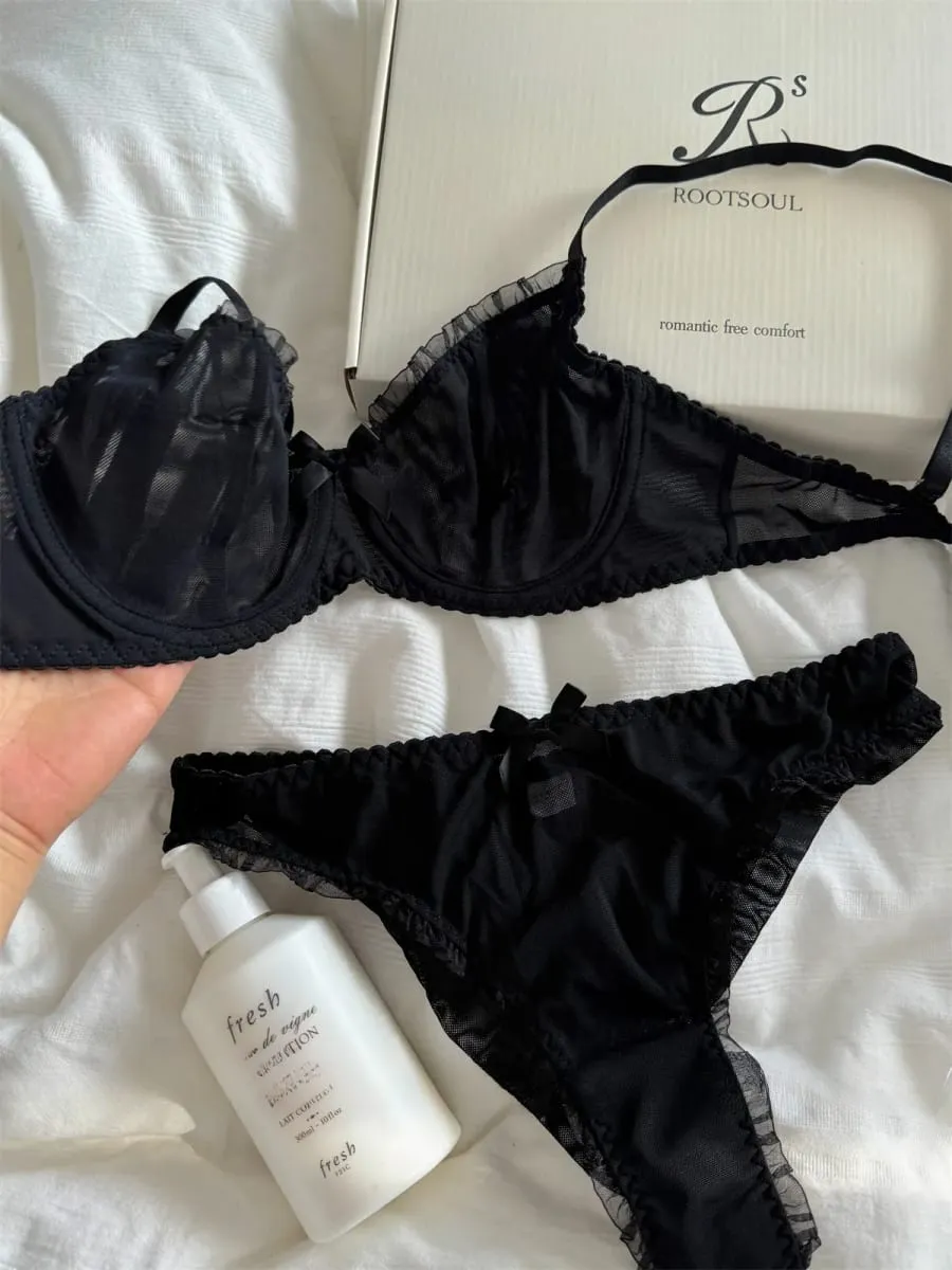 Black lace mesh lingerie feel underwear thin bra gathered up support large breasts show small bra set — image 2
