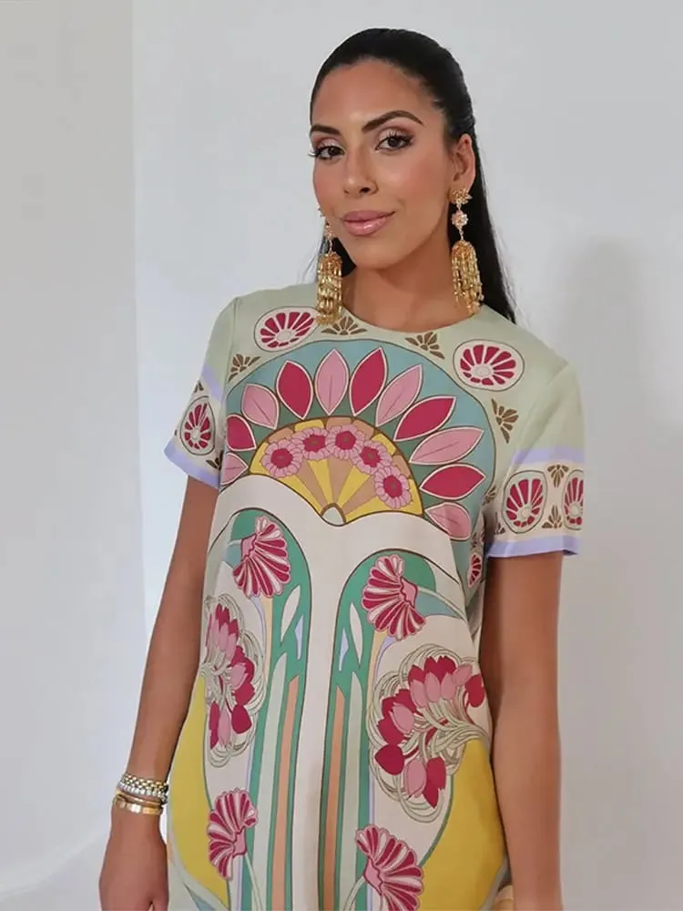 Printed Spliced Feather Tassel Hem Dress Half Sleeve O-neck Loose Maxi Dresses 2026 Summer Fashion Elegant Party Women Outwear — image 3