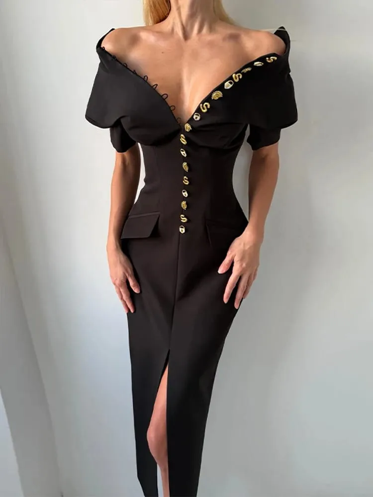 Elegant Women's Dress V-neck Short Sleeve Single Breasted Solid Female Long Dresses 2026 Summer Fashion Sexy New Chic Lady Robe — image 3