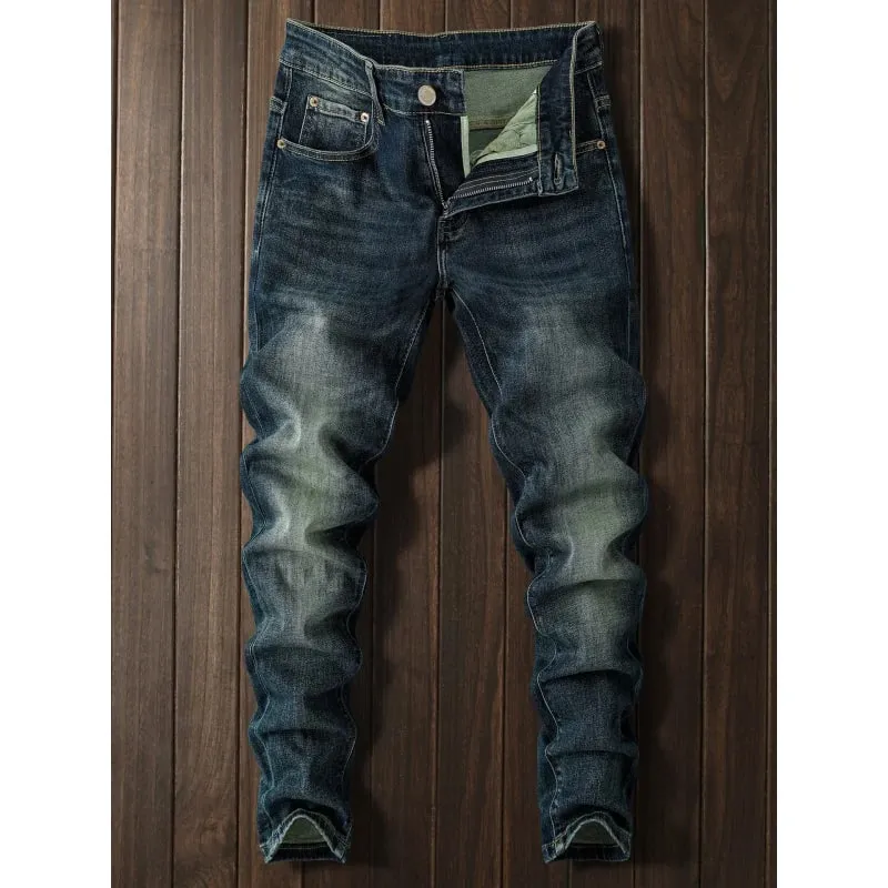 Autumn retro deep blue jeans men elastic and trendy versatile casual street fashion pants