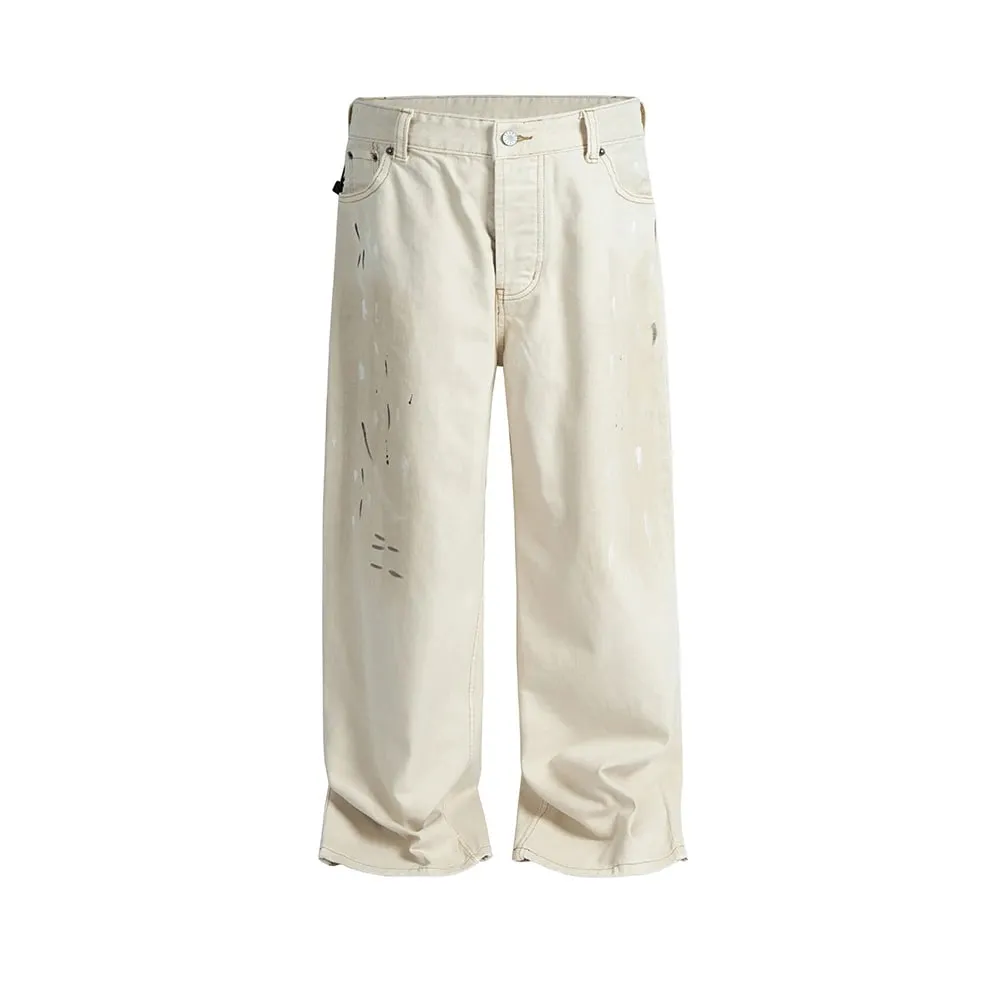 High Street Dirty Mud Splatter Baggy Jeans for Men Solid Color Loose Straight Rivet Pocket Washed White Denim Trousers Oversize