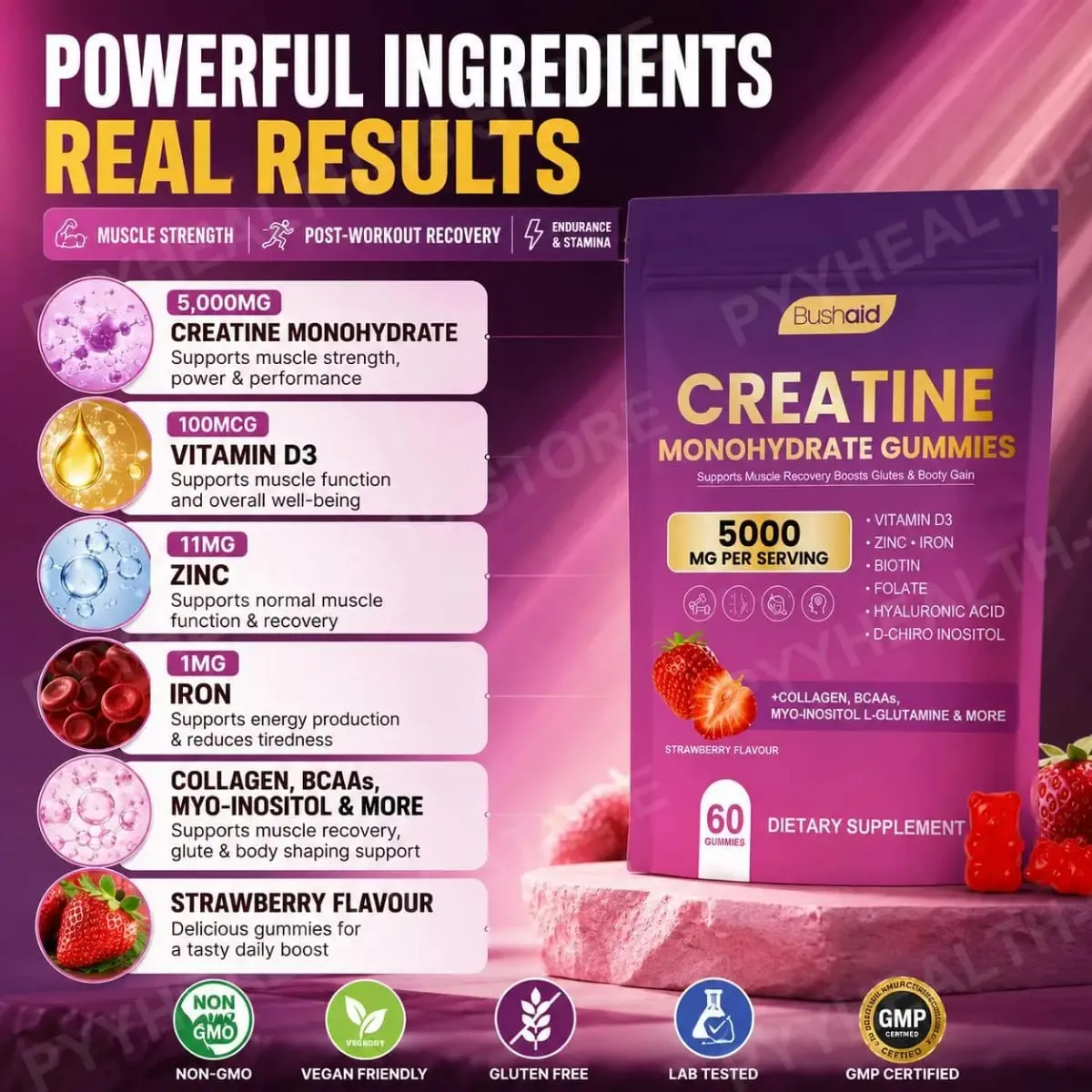 BushAid Creatine Monohydrate Gummies pro regeneraci svalů po tréninku s multi-kolagenovou směsí BCAA a Zinc 60 Gummies