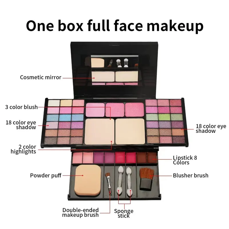 Set Hadiah Solek untuk Wanita Kit Penuh Semua dalam Satu Solekan Serbuk Kening Gincu Lip Gloss Berus Shimmer Glitter Eyeshadow Palet — image 6