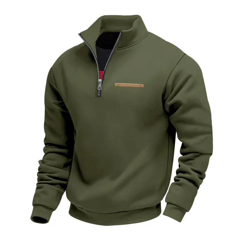 Men's Quarter Zip Sweatshirt Stand Collar Long Sleeve Pullover Casual Fleece Warm Sweatshirt With Chest Decorative Stripe — image 3