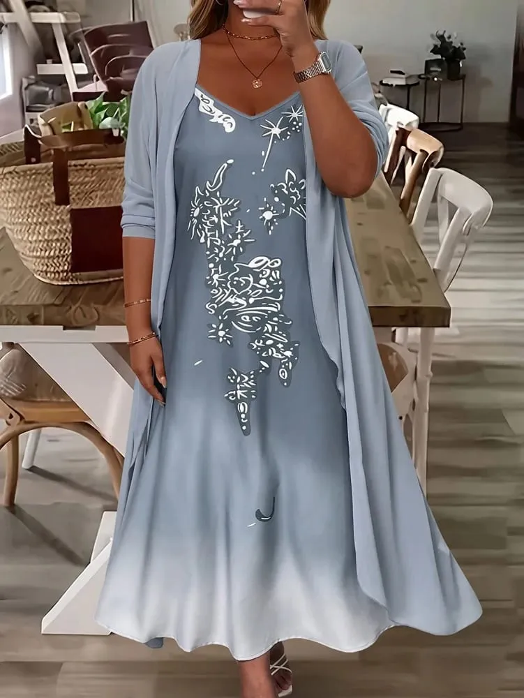 Plus-Size Women's Fashion: Spring/Fall Stylish and Elegant Lace and Chiffon Two-Piece Dress Set with V-Neck for a Sophisticated — image 3