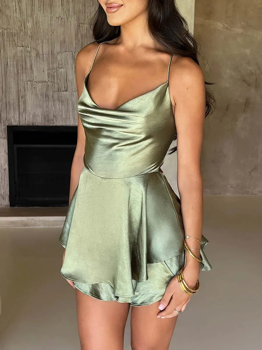 Satin Silk Women Sexy Cami Playsuits Dress Solid Cowl Neck Sleeveless Short Jumpsuits Summer Cross Tie-Up Backless Romper — image 4