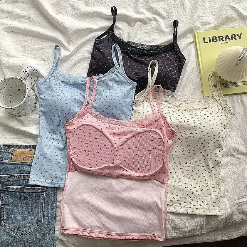 Elegant Lace Flower Print Slim Sexy Vest Floral Tops One Size Tank Spring Sweet Bowknot Style T-Shirt Casual Crop Top Summer — image 8